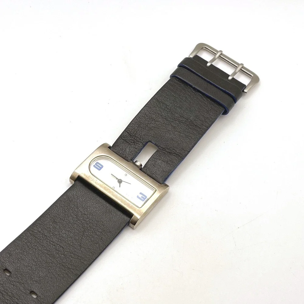 TOKYObay Rectangular Watch Black Leather Wide Strap Blue Accents Brushed Silver